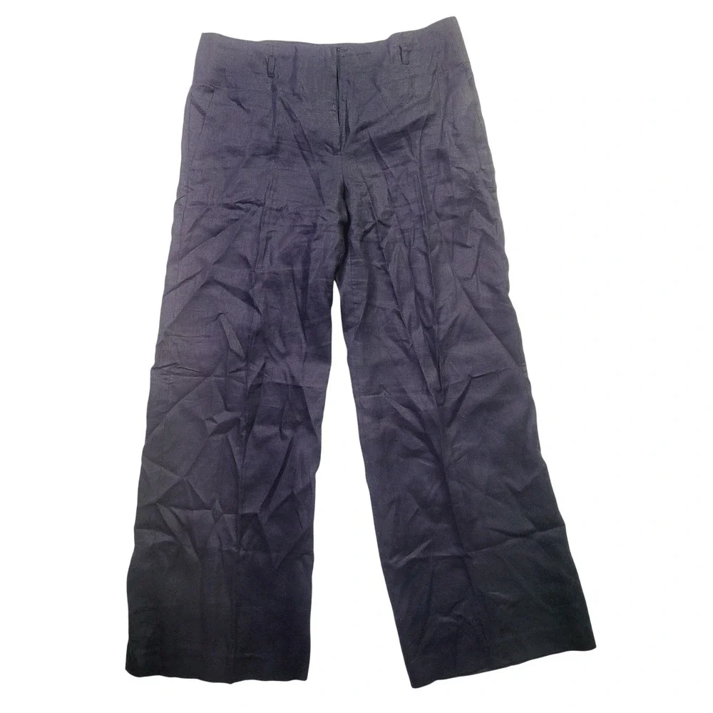 H&M Wide Leg Linen Blend Trousers Women's Size 12 Navy Blue Casual Professional